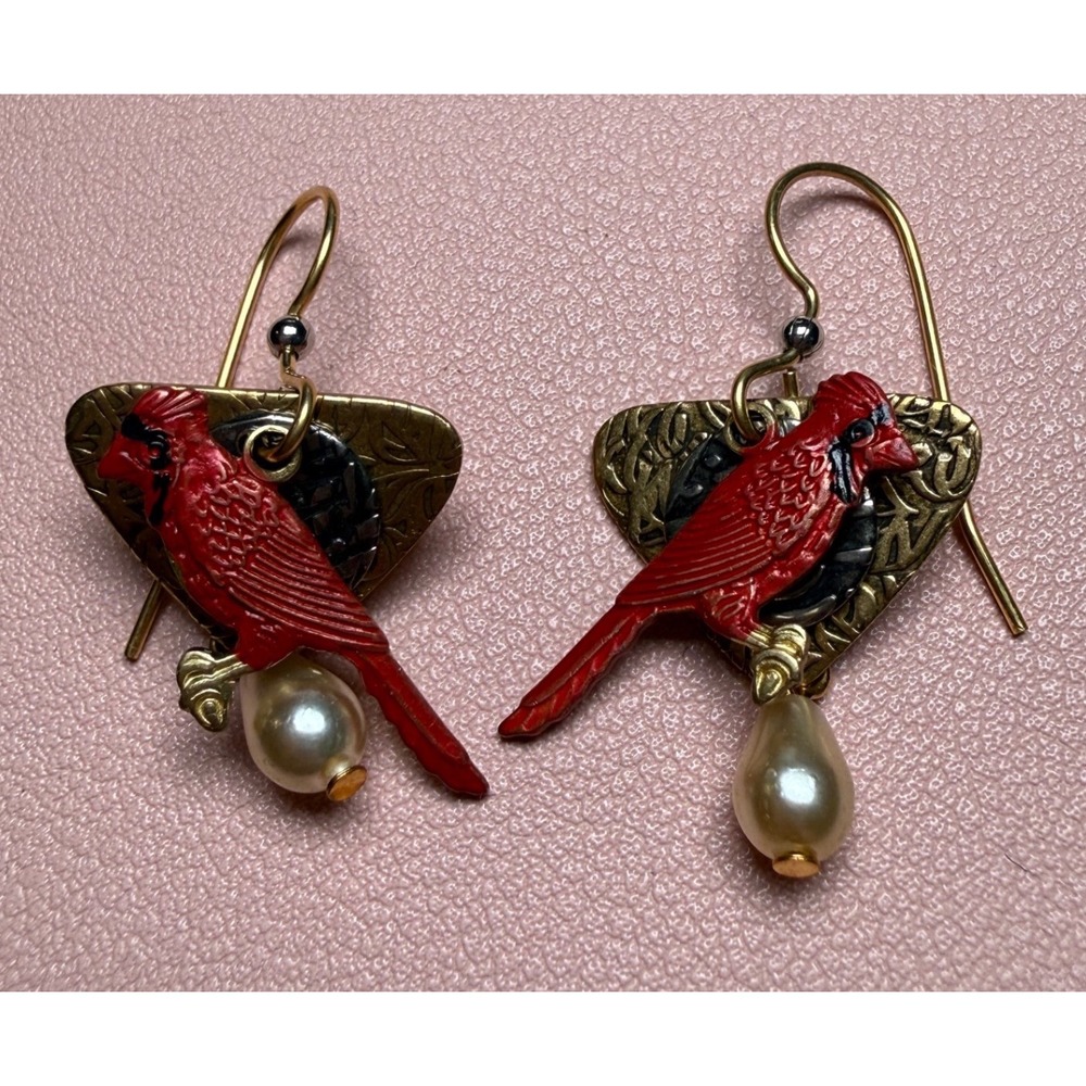 Artisan Cardinal Earrings Freshwater Pearl Brass Mixed Metal Handmade  Bird Love